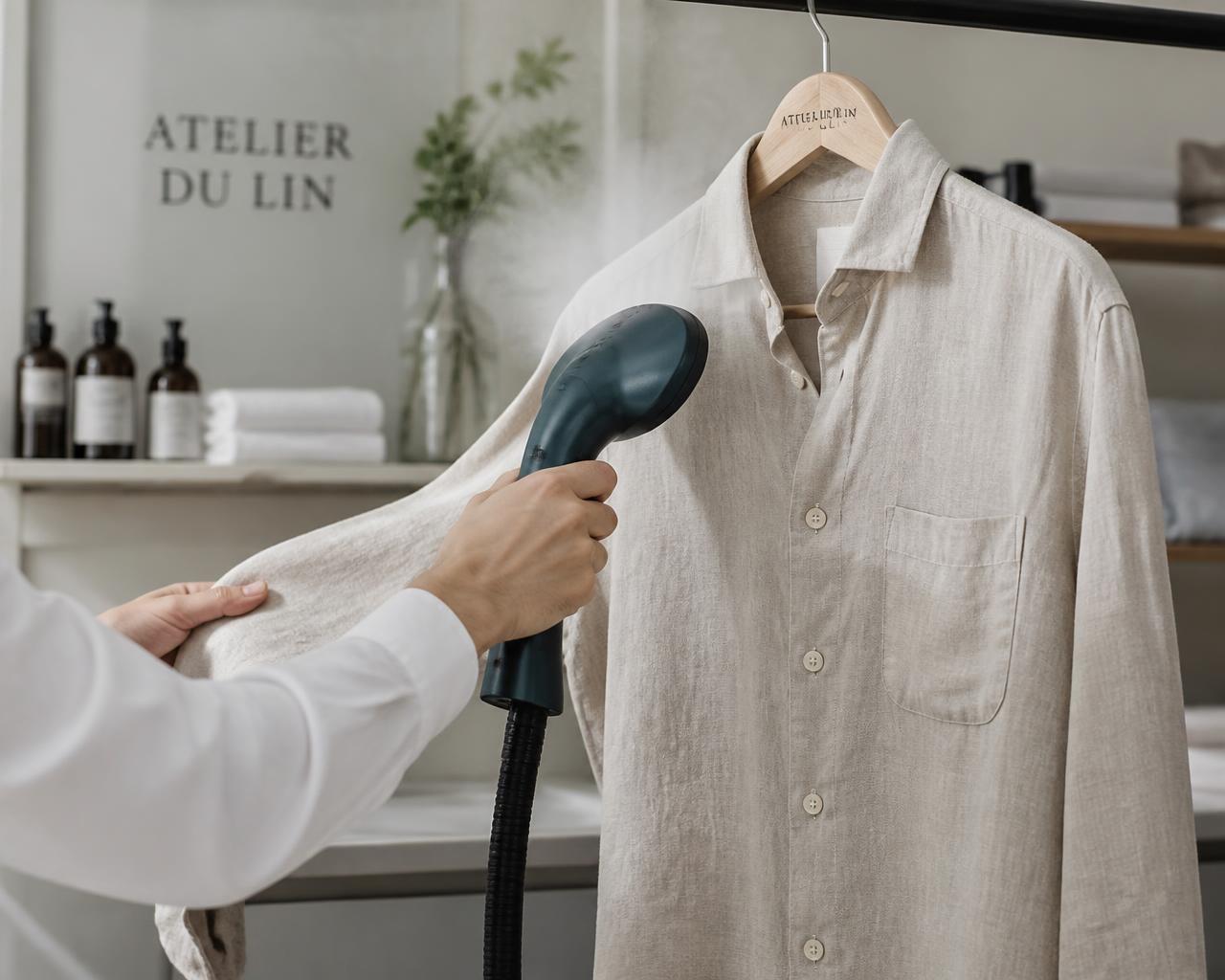 A Smart Wassh team member steaming a linen shirt in a clean modern laundry space