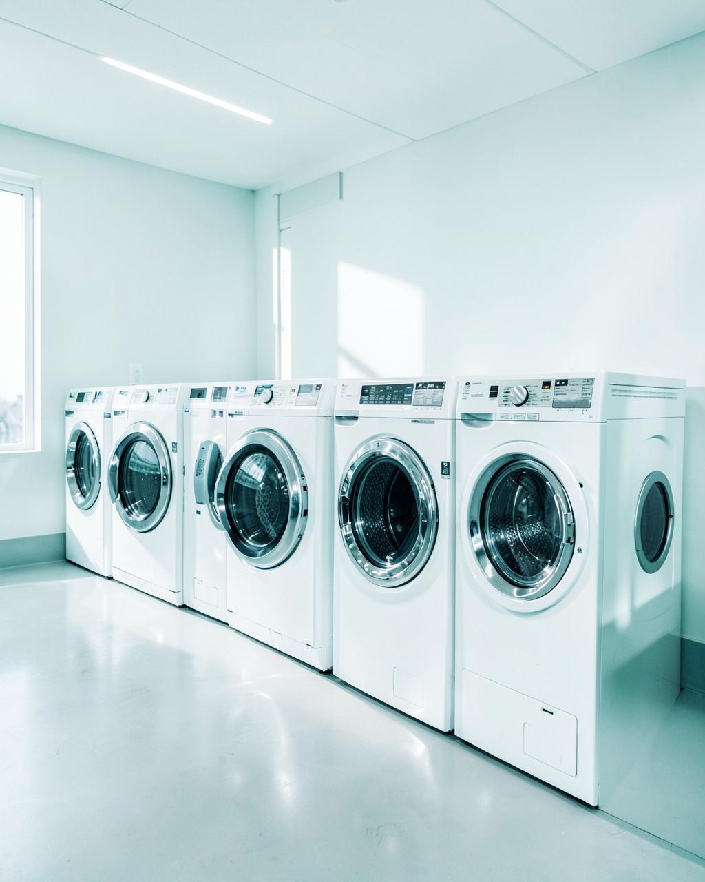 Row of modern washing machines in a bright Smart Wassh laundry facility