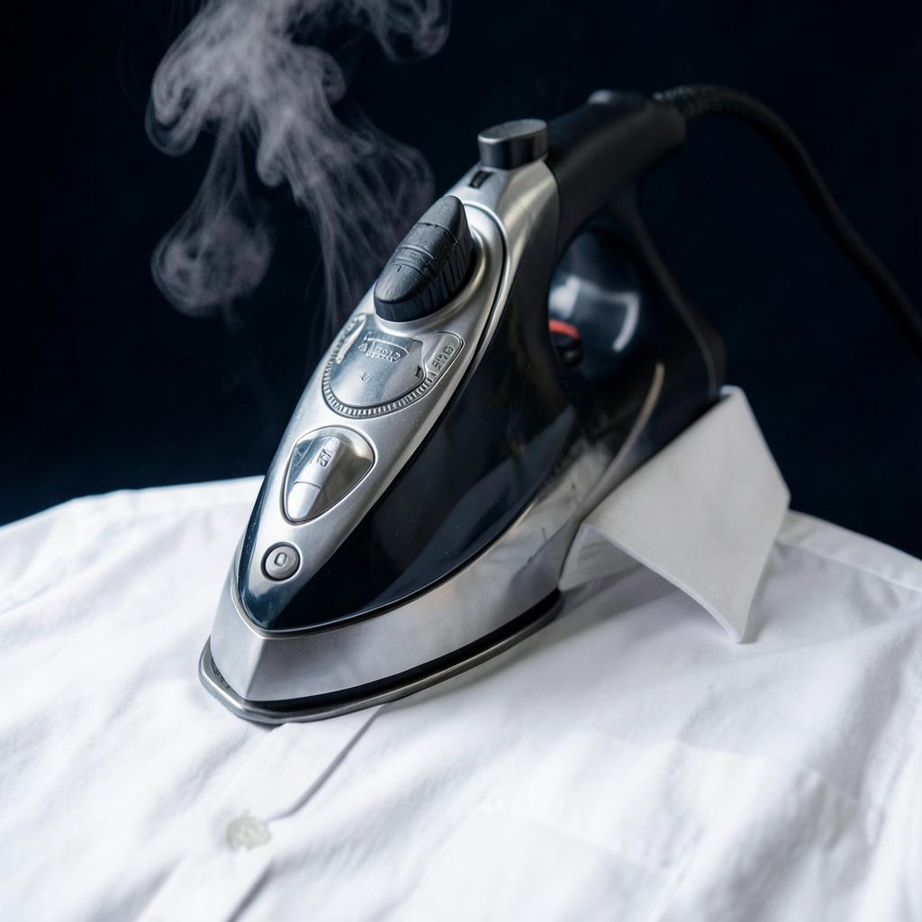 Steam iron pressing a crisp white cotton shirt