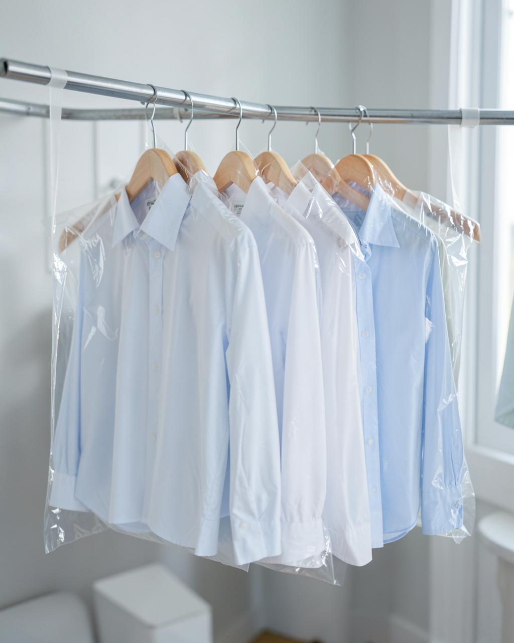 Freshly dry cleaned shirts in protective covers on a rail