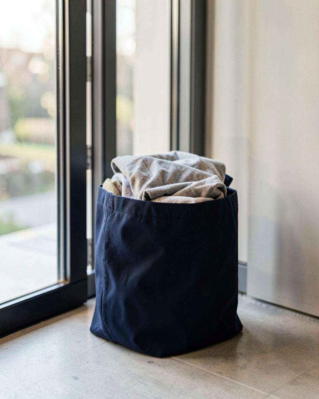 Premium navy laundry bag filled with clothes by an apartment door