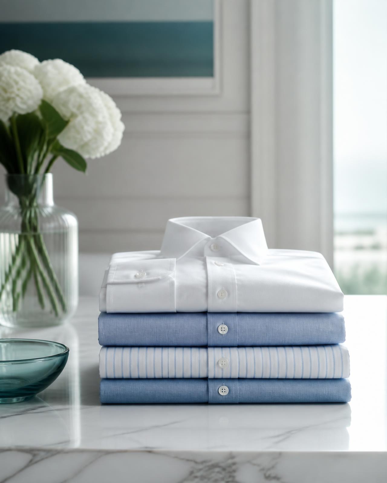 Freshly laundered shirts folded and stacked on a marble surface